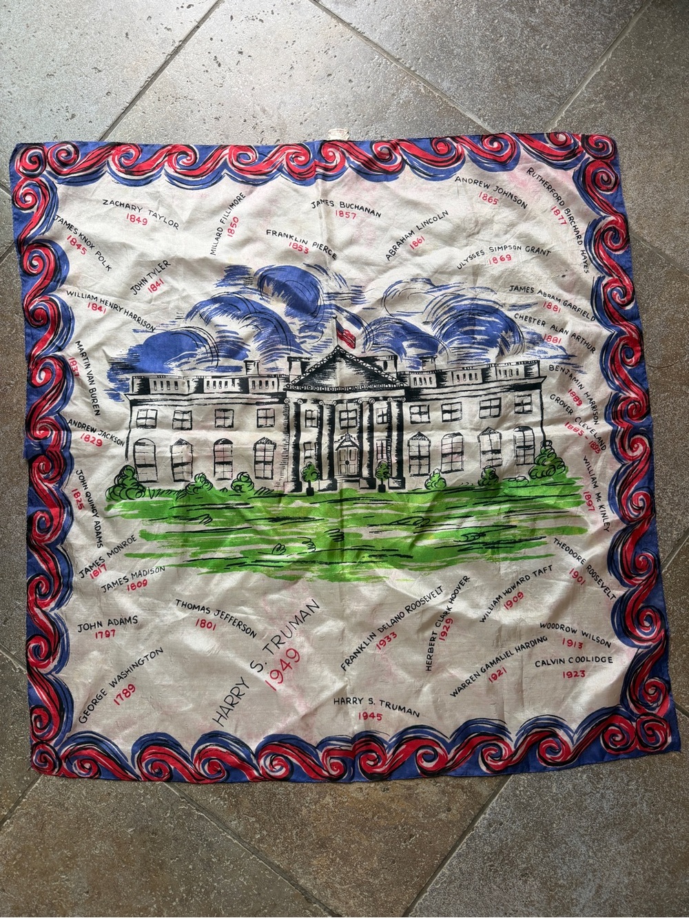 Vintage White Presidential Themed Silk Scarf with Red & Blue Border